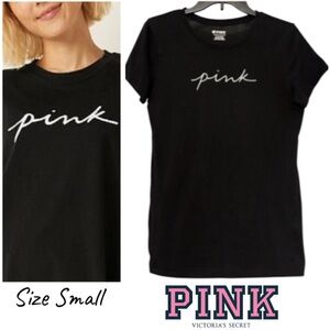 PINK Victoria’s Secret Graphic T-Shirt Black White Letter Logo Womens Size Small